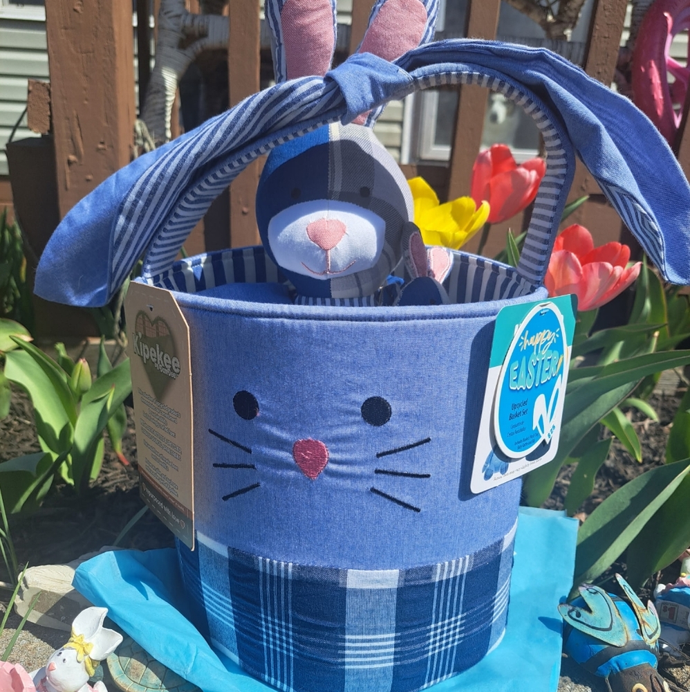 4pc Blue Bunny Basket Set, With A Plush toy, Baby Rattle, And Bib NWT
